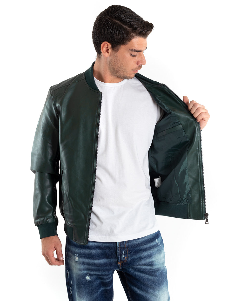Men's College Jacket Solid Color Green Long Sleeve Faux Leather Casual GIOSAL G2866A