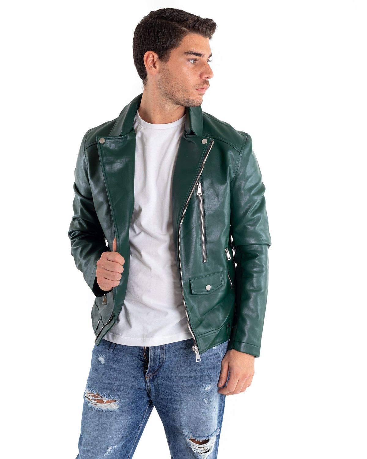 Giubbotto Uomo Biker Chiodo Ecopelle Verde Acqua Casual GIOSAL-G3021A