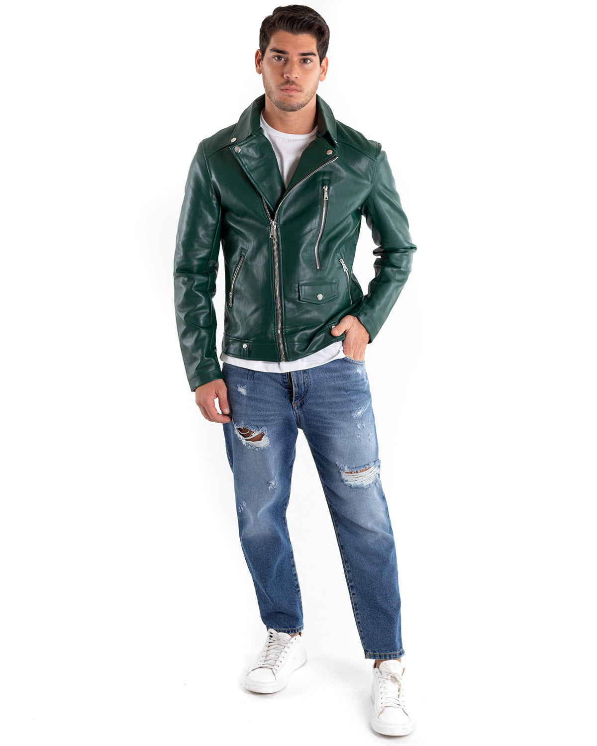 Giubbotto Uomo Biker Chiodo Ecopelle Tinta Unita Verde GIOSAL-G2867A