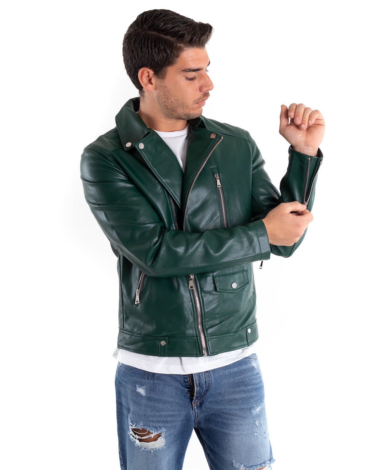 Giubbotto Uomo Biker Chiodo Ecopelle Tinta Unita Verde GIOSAL-G2867A