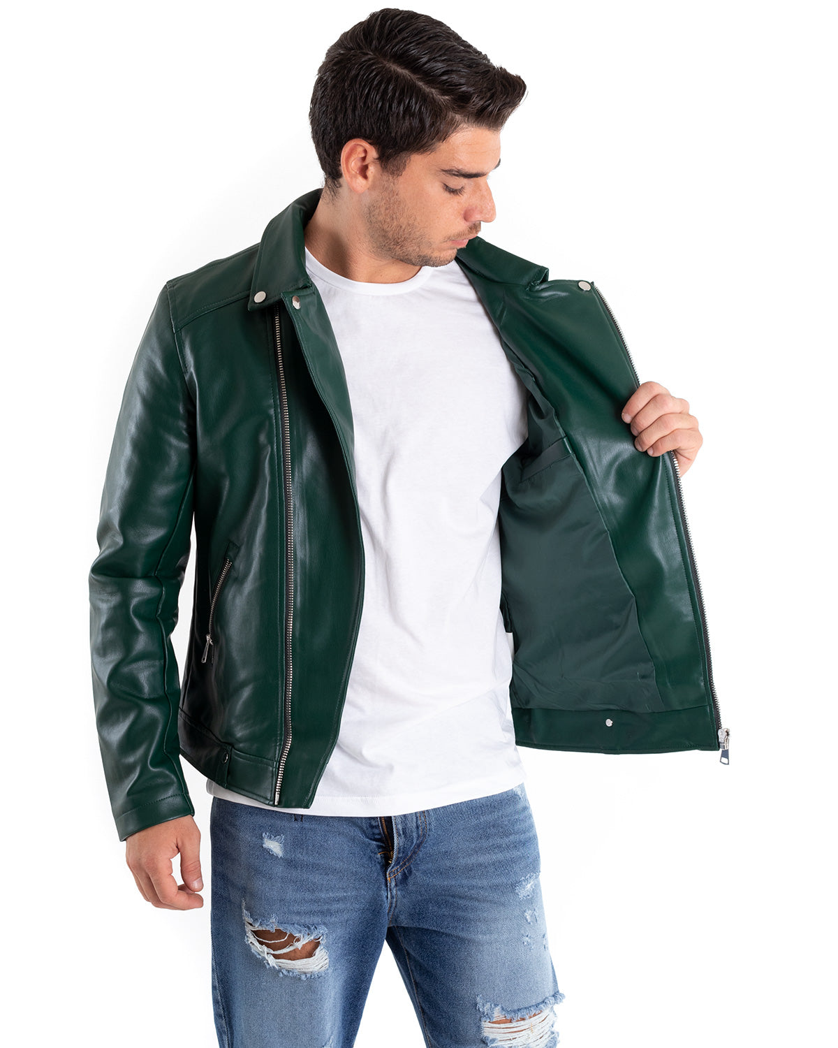 Giubbotto Uomo Biker Chiodo Ecopelle Tinta Unita Verde GIOSAL-G2867A