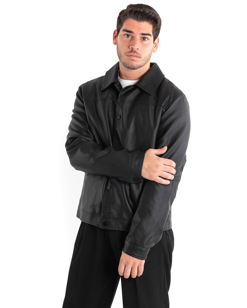 Men's Jacket Shirt Solid Black Faux Leather Long Sleeve GIOSAL