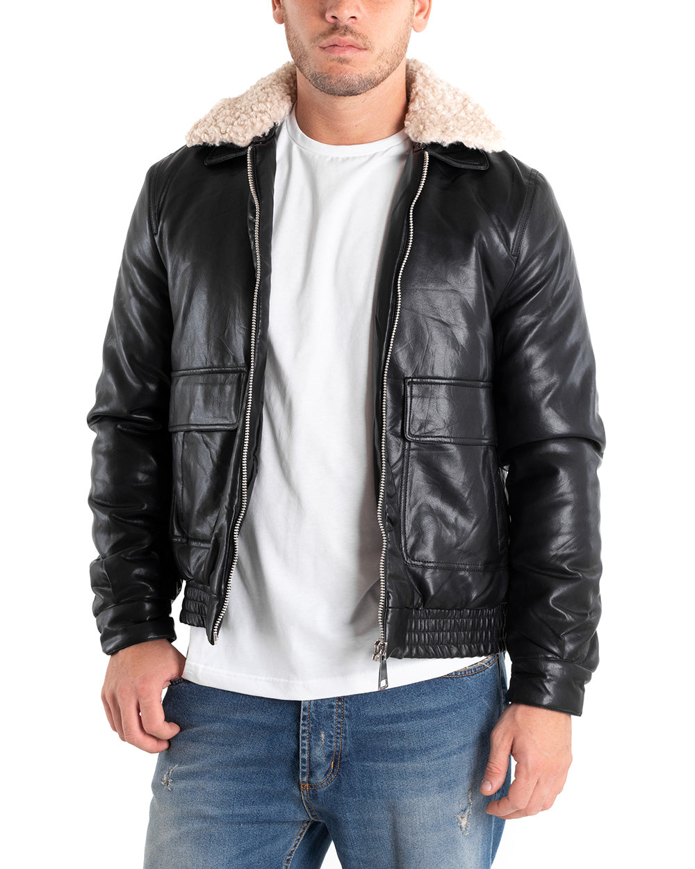 Men's Black Faux Leather Bomber Jacket Fur Collar Long Sleeve Black GIOSAL