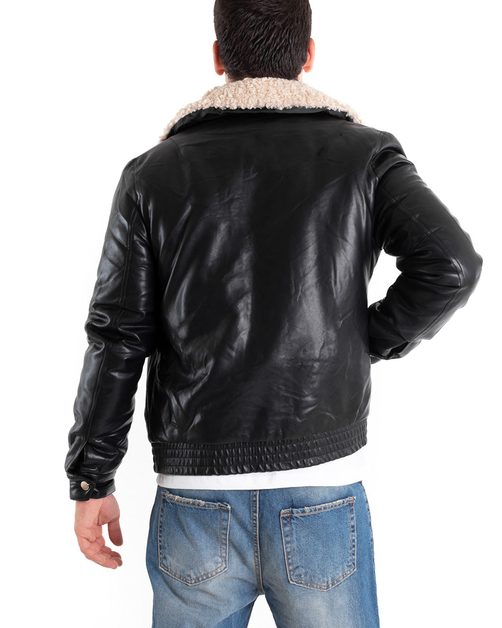 Men's Black Faux Leather Bomber Jacket Fur Collar Long Sleeve Black GIOSAL