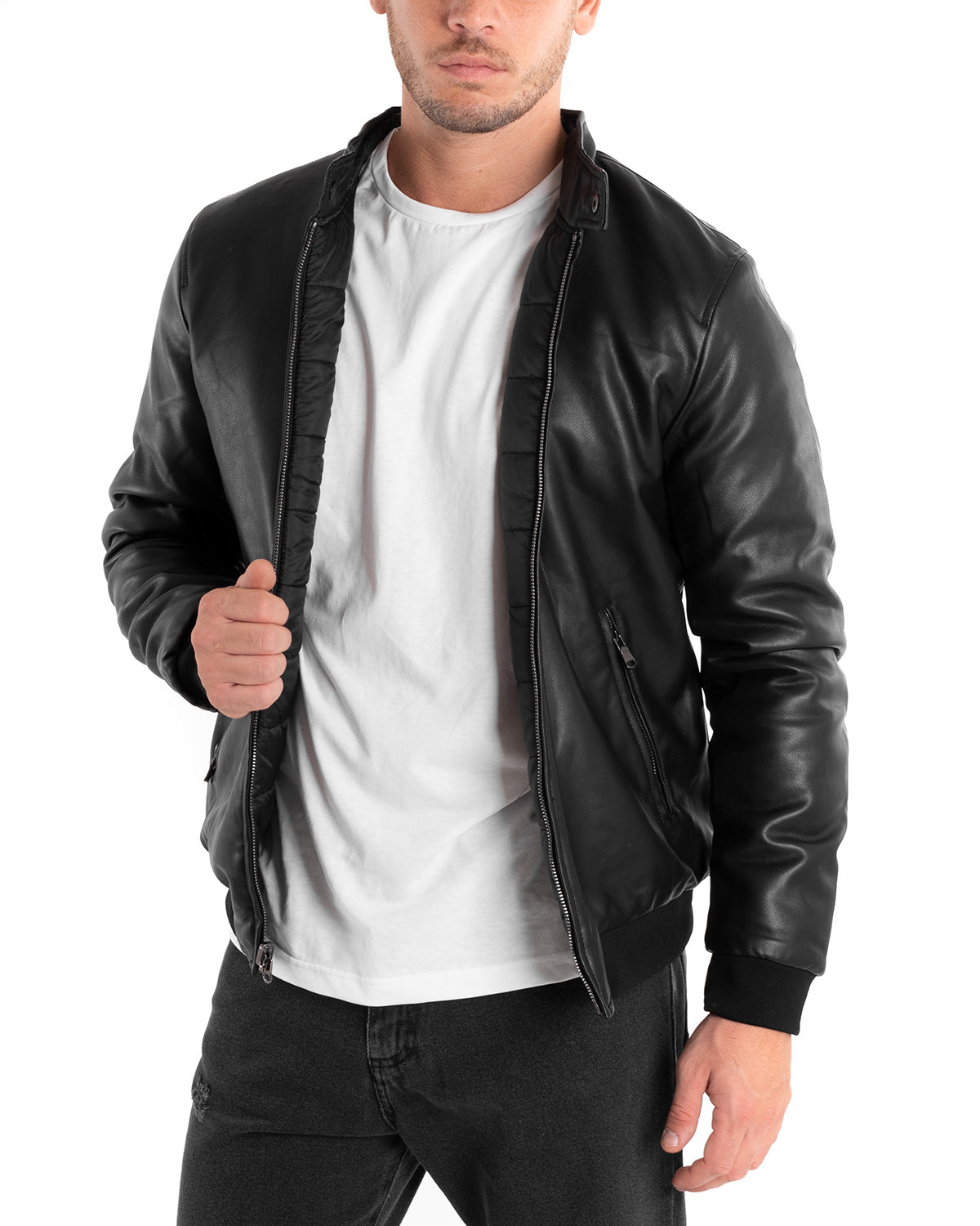 Giubbotto giacca uomo nero ecopelle slim fit giubbino bomber casual  invernale