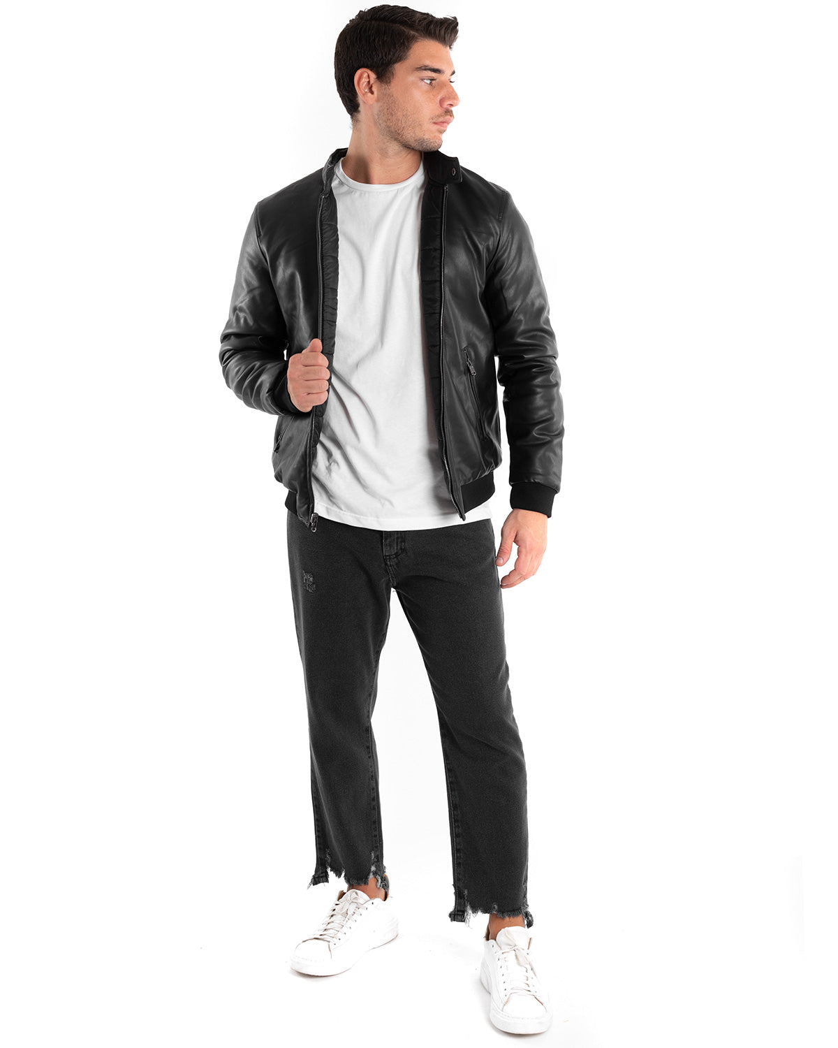 Giubbotto Uomo Bomber Ecopelle Nero Reversibile Double Face GIOSAL-G28