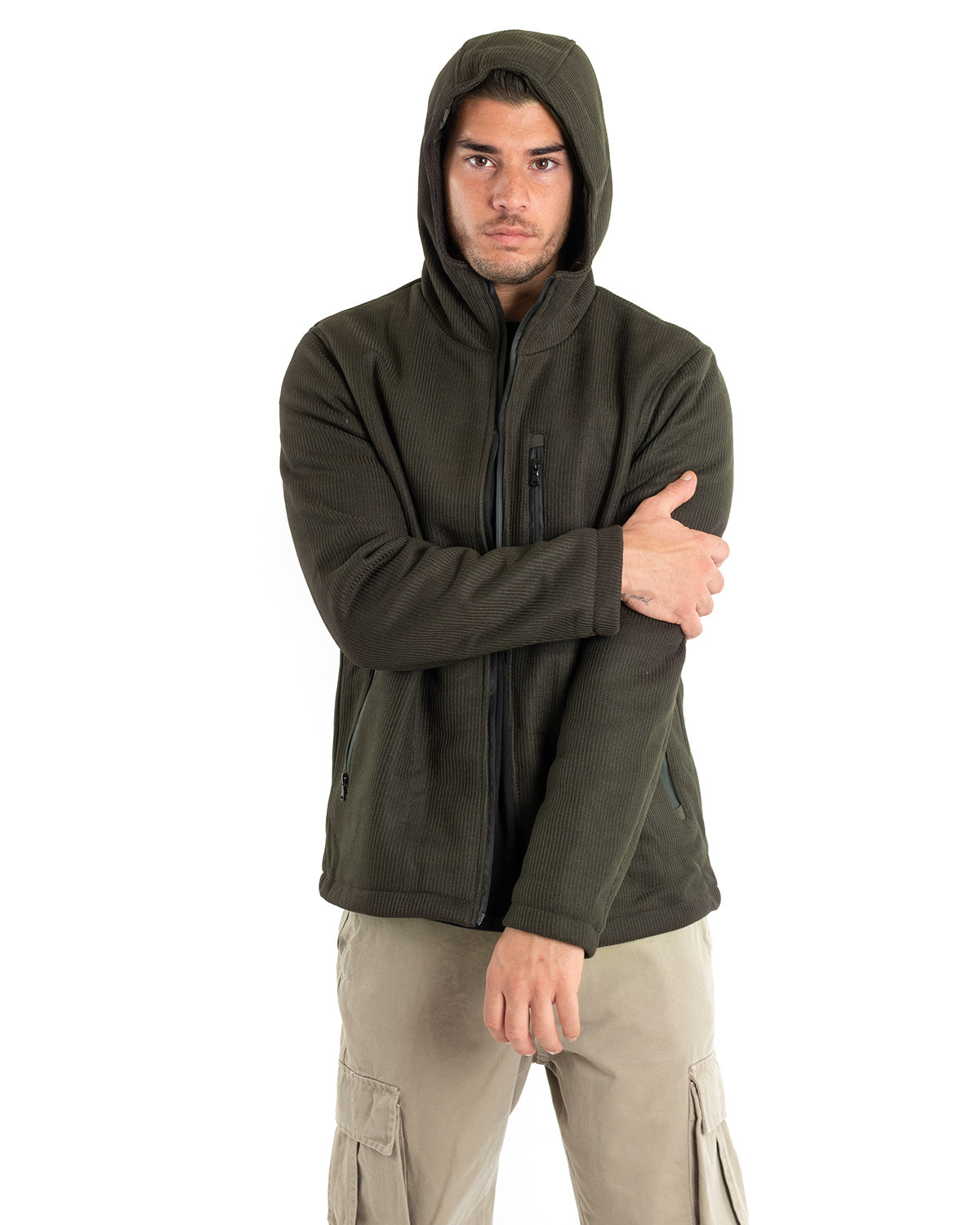 Men's Technical Bomber Jacket with Hood Solid Color Casual Green GIOSAL