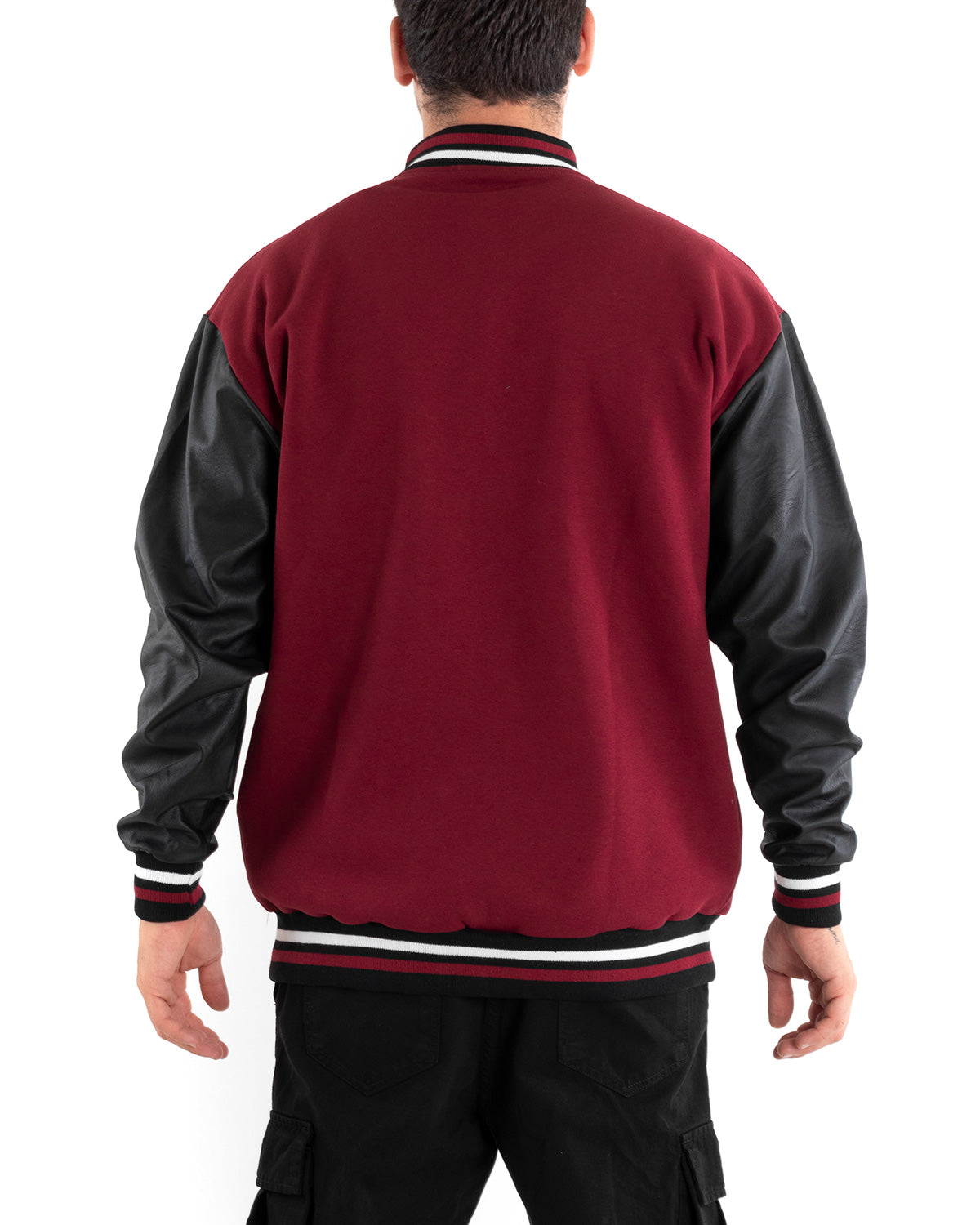 Men's College Varsity Jacket Sleeve Faux Leather Two-Tone Bordeaux Black GIOSAL