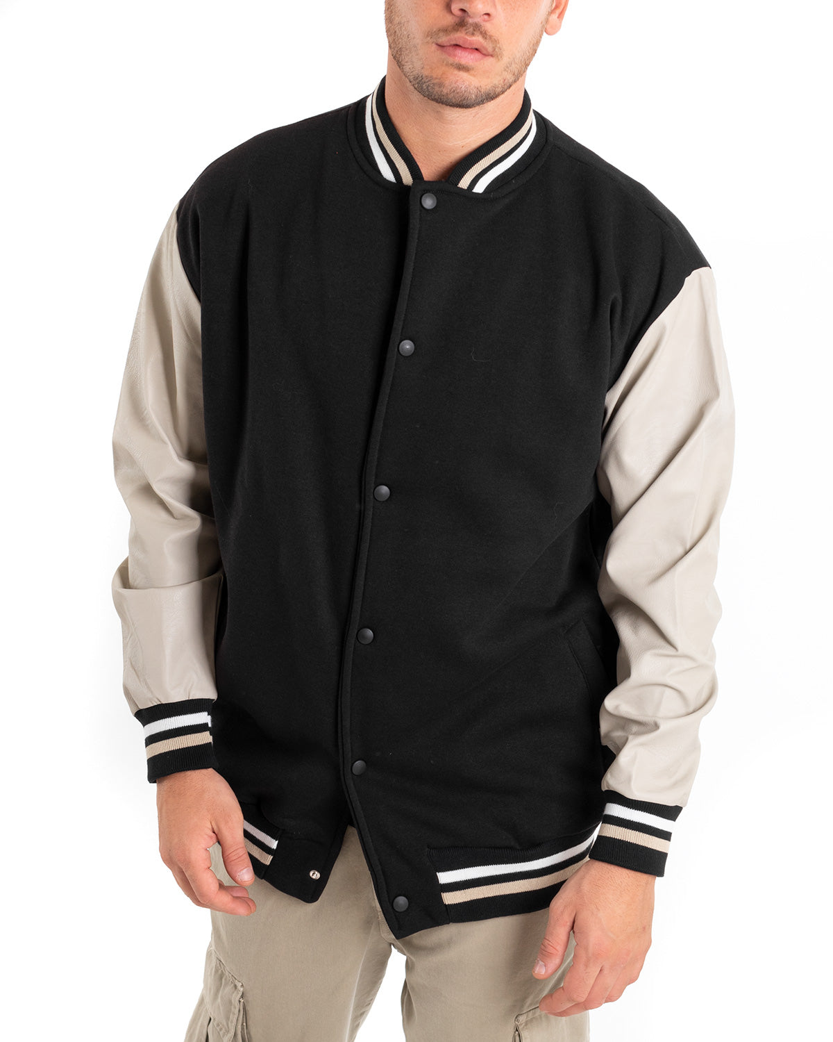 Men's College Varsity Jacket with Faux Leather Sleeves Two-Tone Black Beige GIOSAL