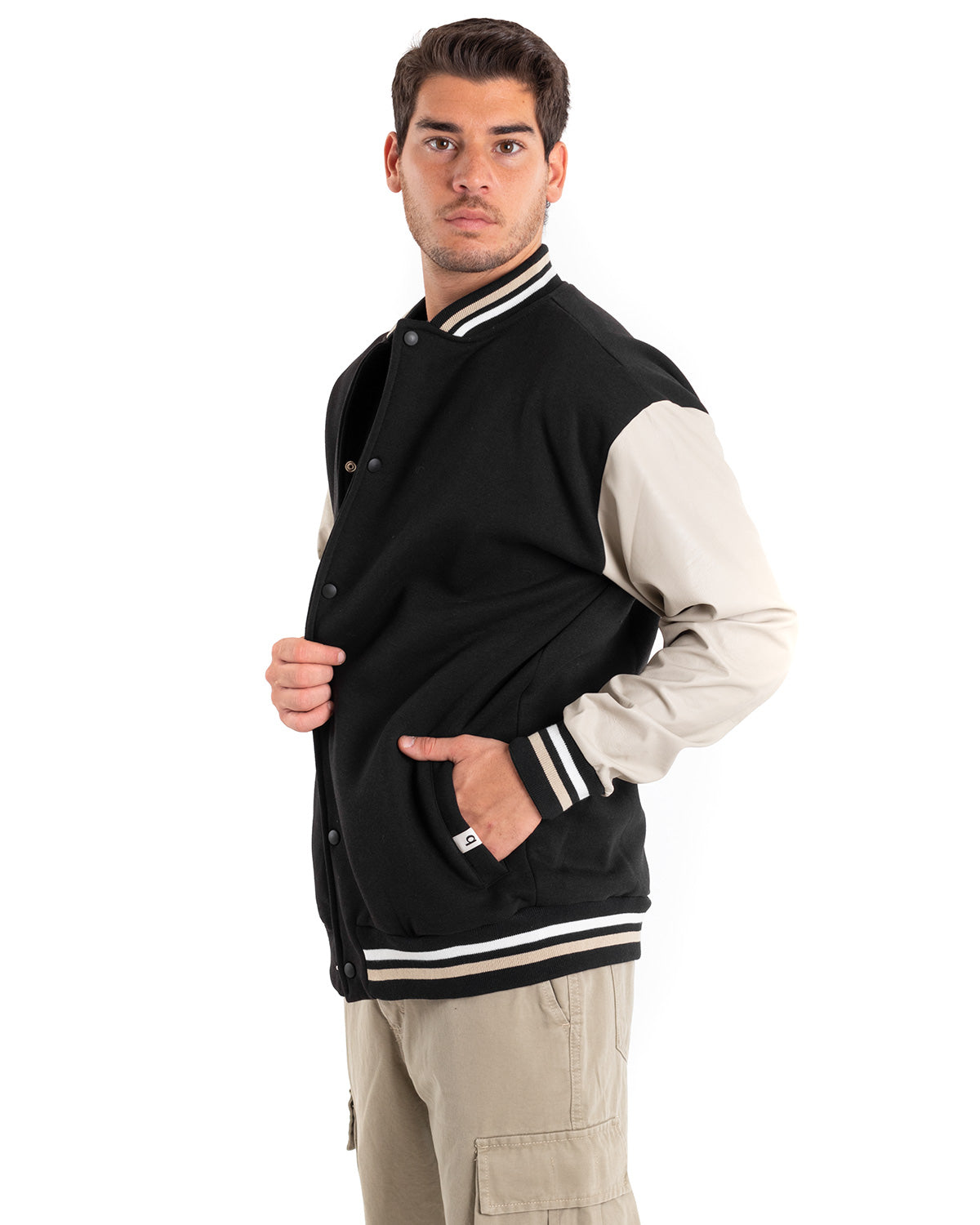 Men's College Varsity Jacket with Faux Leather Sleeves Two-Tone Black Beige GIOSAL