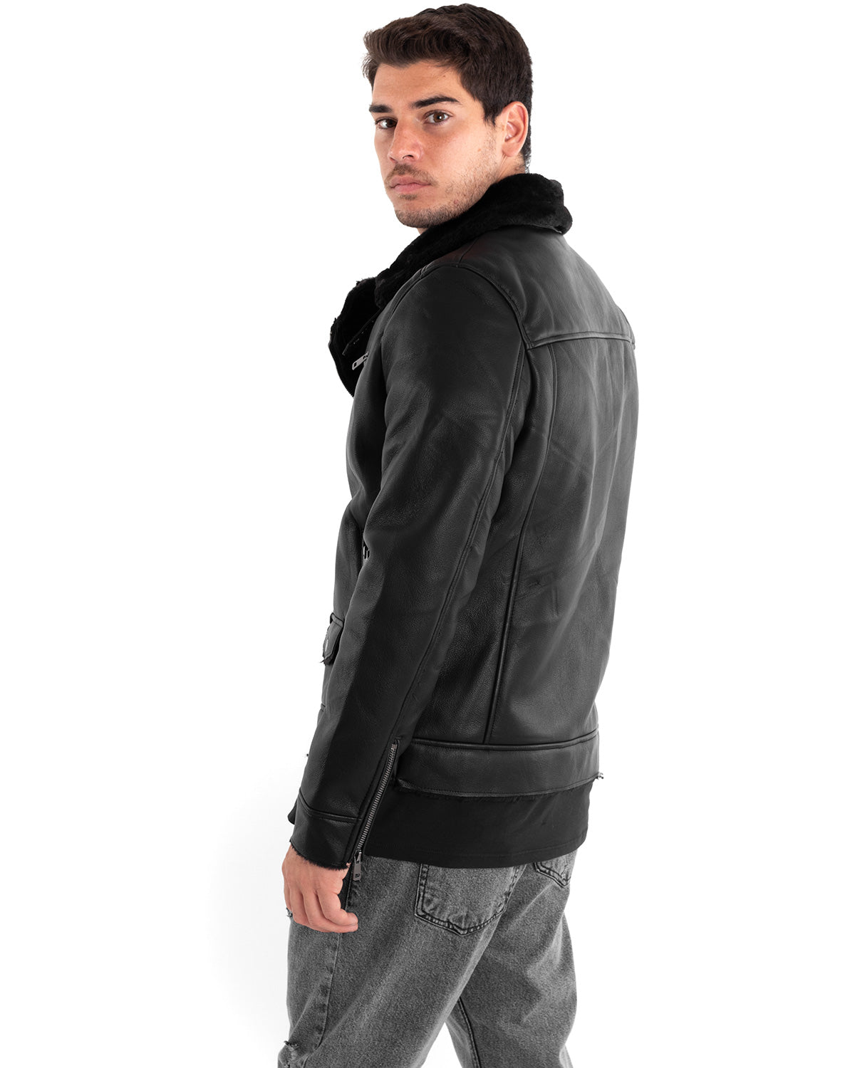 Men's Faux Leather Jacket with Fur Collar Solid Color Black GIOSAL