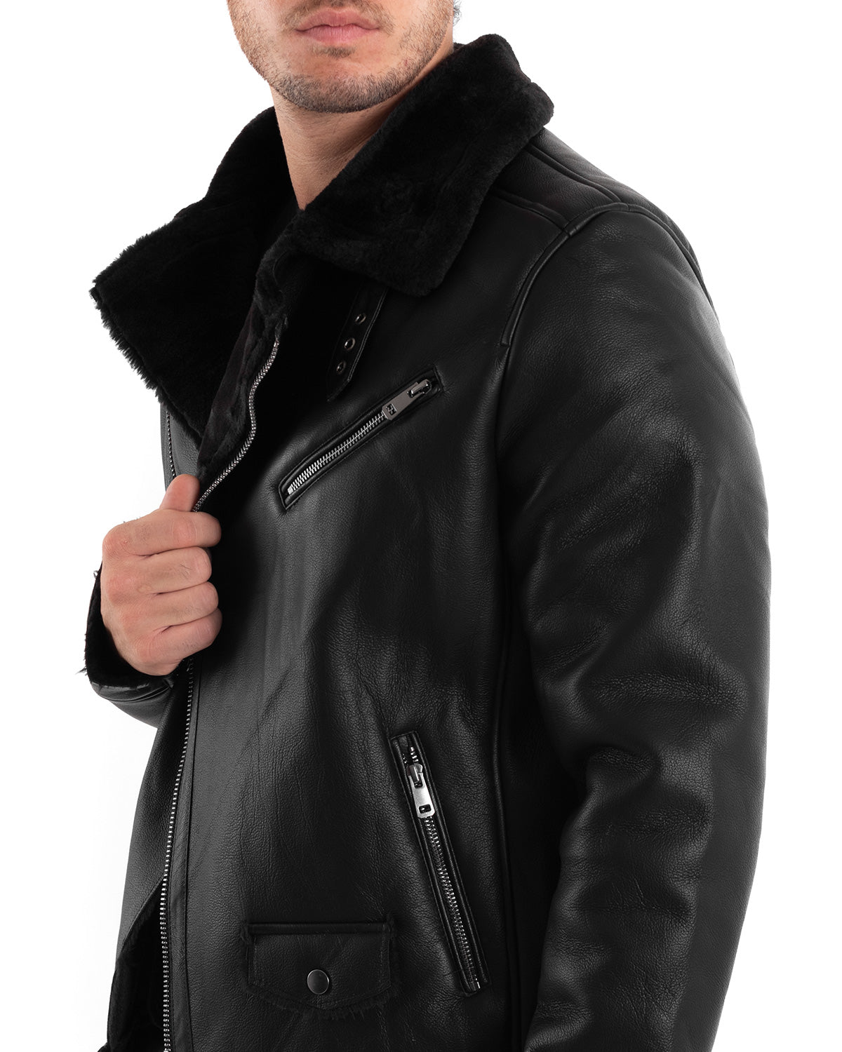 Men's Faux Leather Jacket with Fur Collar Solid Color Black GIOSAL