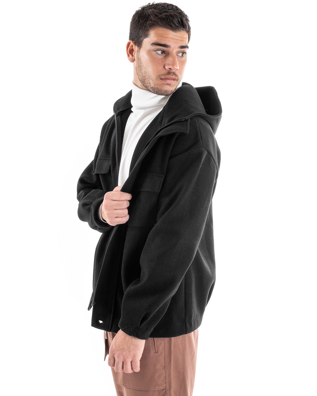 Coat Jacket Men's Jacket With Zip Suede Hood Solid Color Black Casual GIOSAL-G2947A