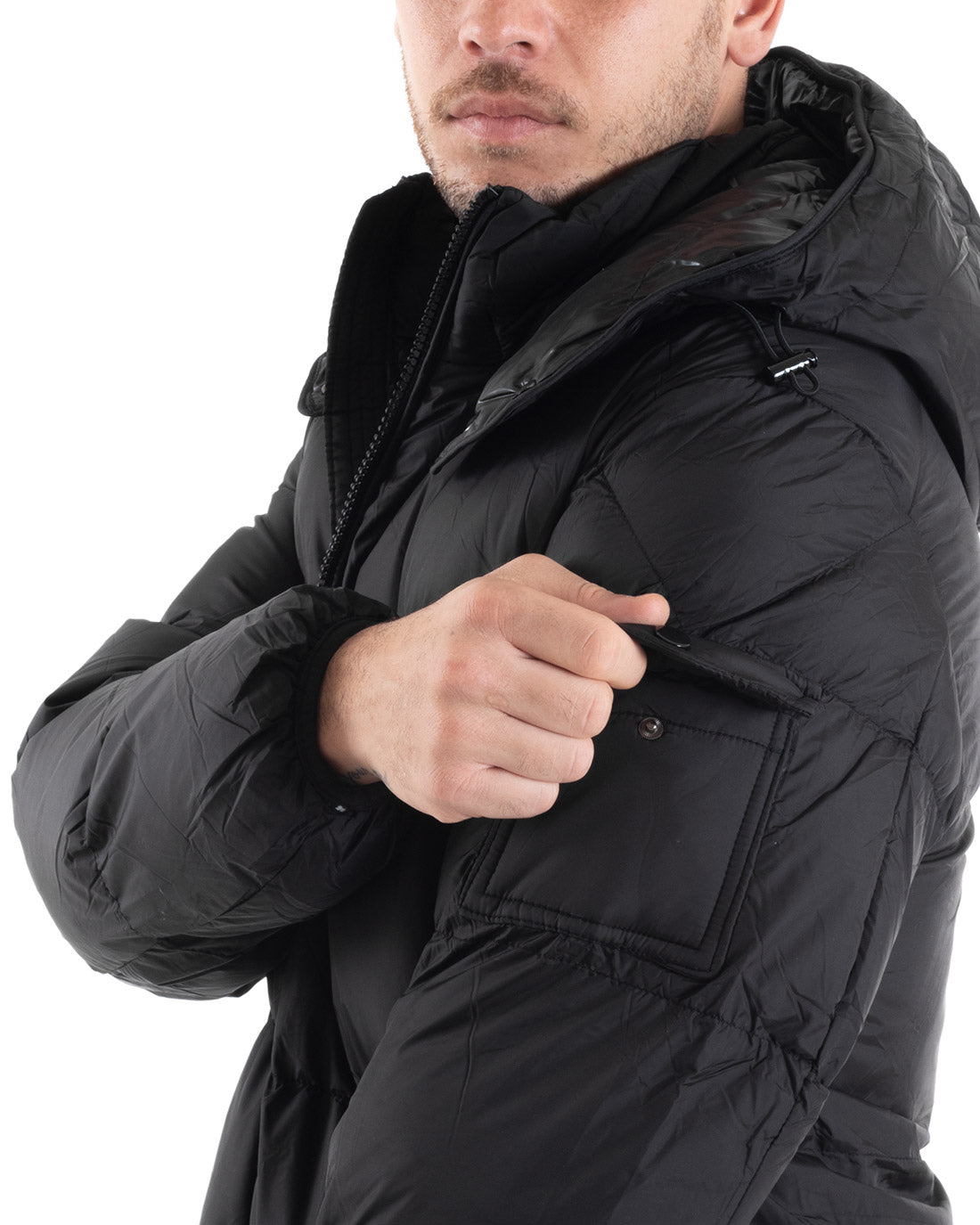 Giubbotto Uomo Bomber Giaccone Lungo Puffer Tinta Unita Con Cappuccio Caldo Imbottito Nero Casual GIOSAL-G2976A