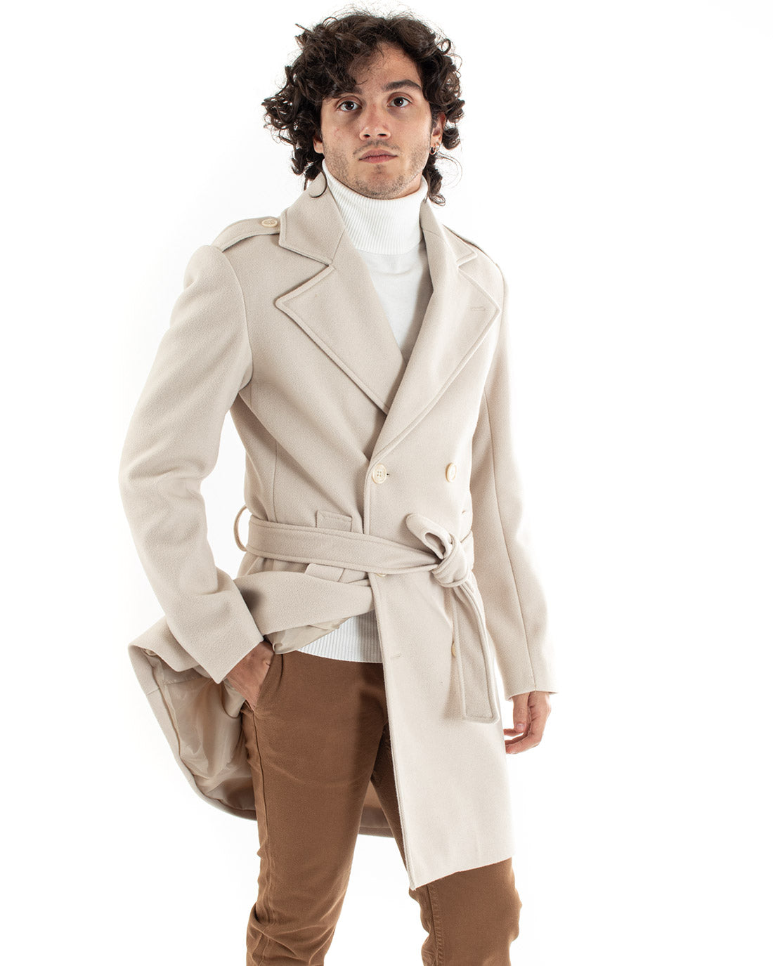 Double-breasted Coat Men Jacket With Belt Long Cream Jacket Elegant Jacket GIOSAL-G2981A
