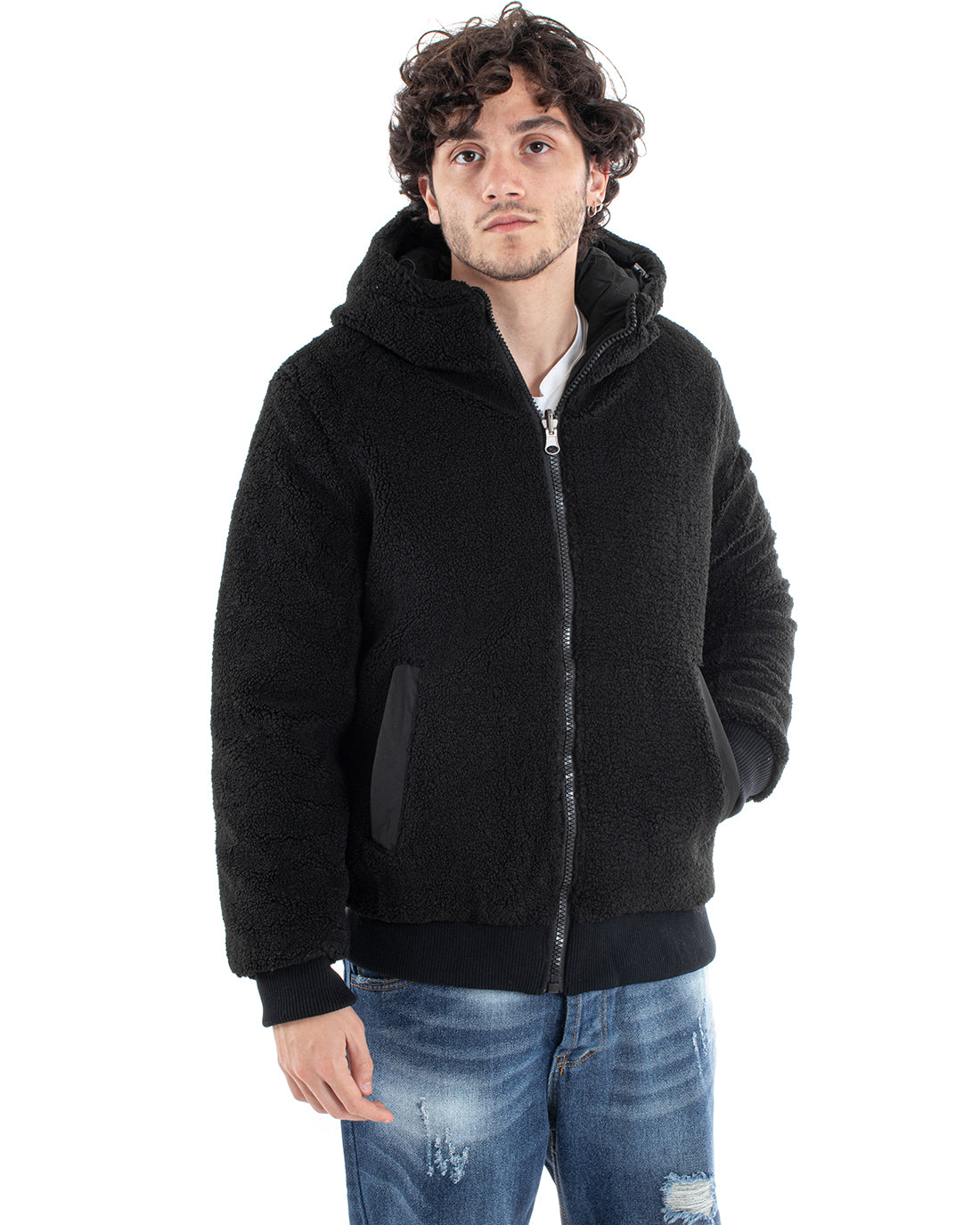 Giubbotto Uomo Nero Opaco Double Face Bomber Con Pelliccia Puffer Tedd