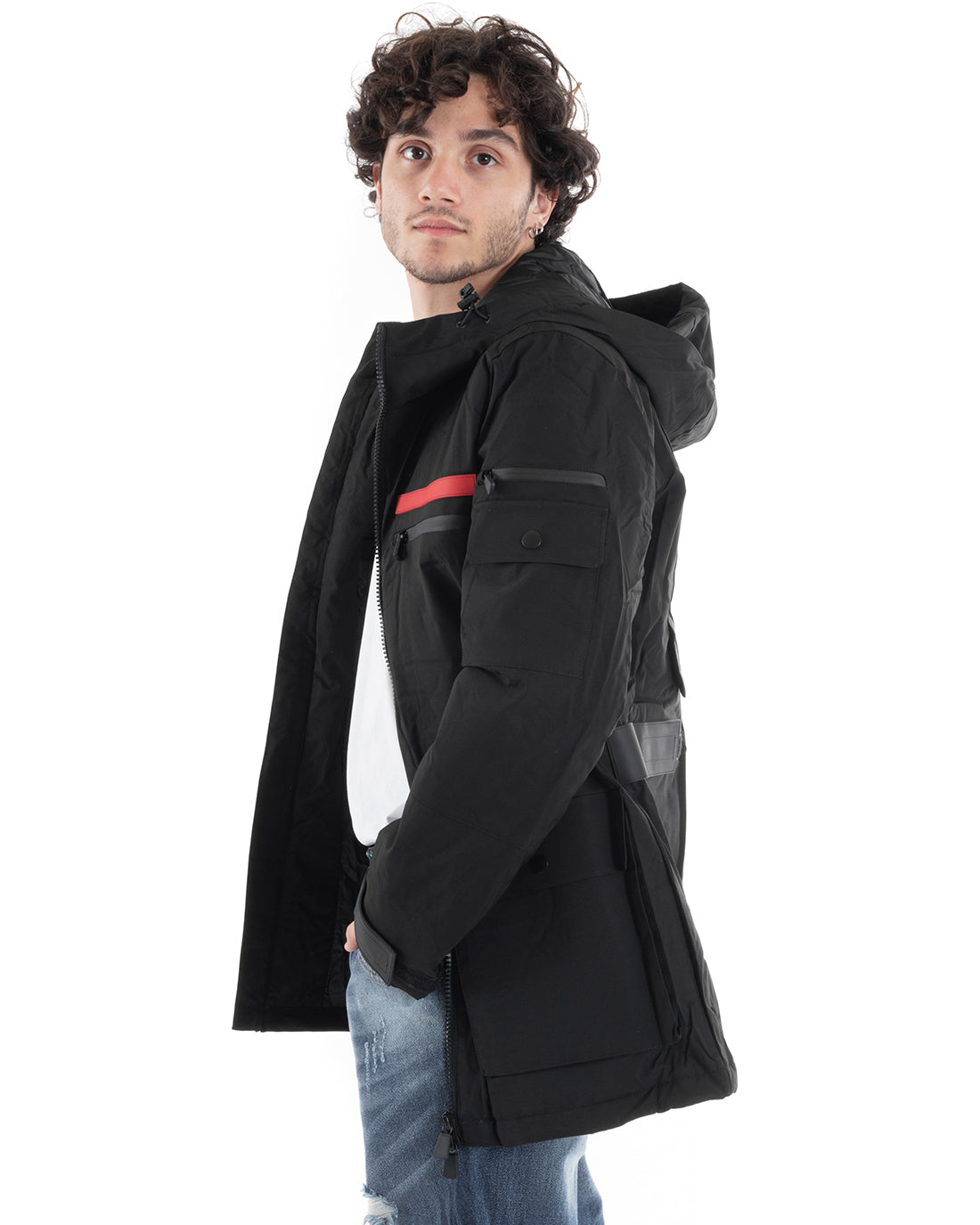 Men's Bomber Jacket in Solid Color Technical Fabric Black GIOSAL-G3001A