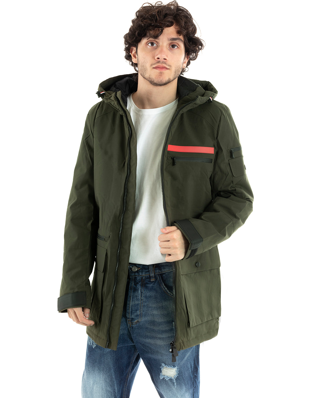 Men's Bomber Jacket in Solid Color Technical Fabric Green GIOSAL-G3002A