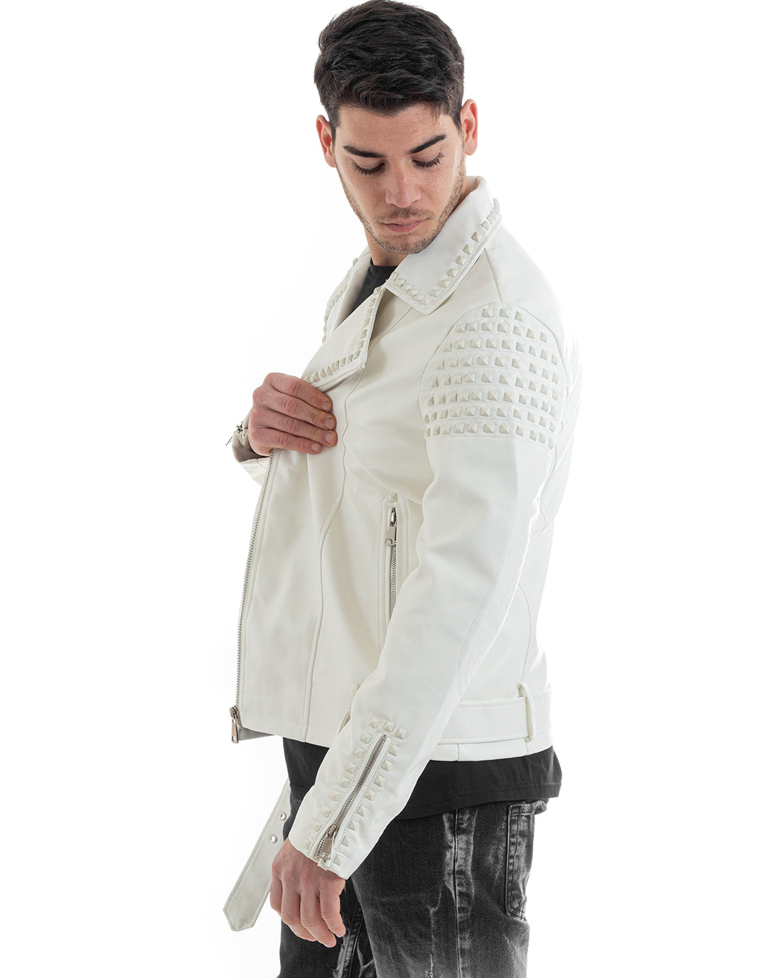 Men's Biker Jacket Studded Collar Solid Color White GIOSAL-G3025A