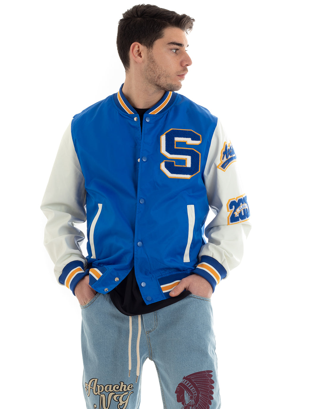 Men's College Varsity Two-Tone Royal White Long Sleeve Casual Jacket GIOSAL-G3028A