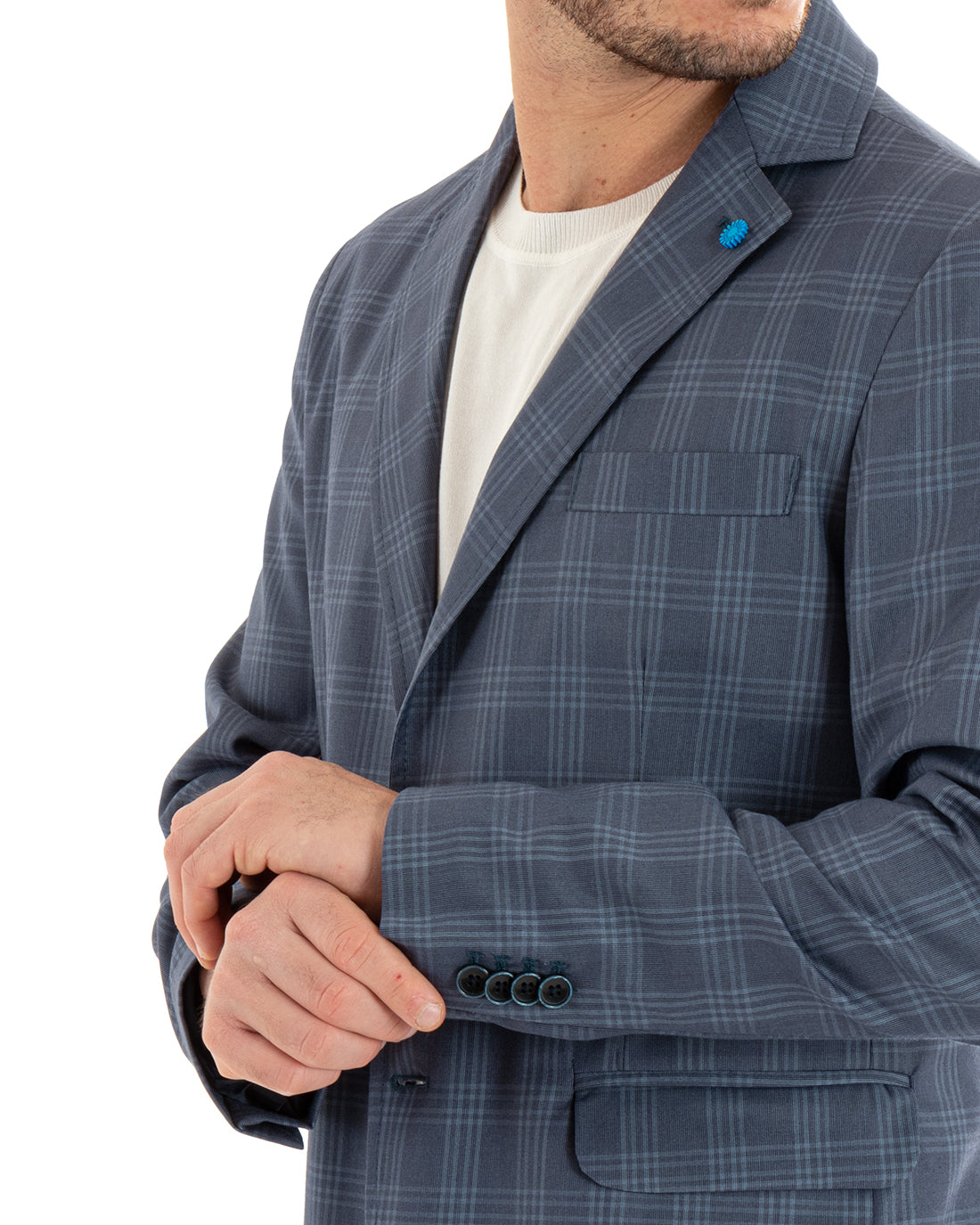 Single-breasted Linen Men's Jacket Checked Blue Ceremony Elegant Casual GIOSAL-G3046A