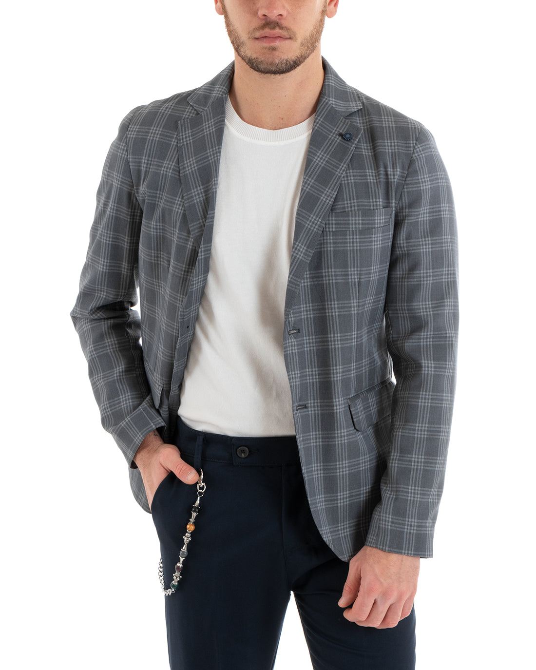 Single-breasted Linen Men's Jacket Checked Gray Ceremony Elegant Casual GIOSAL-G3047A