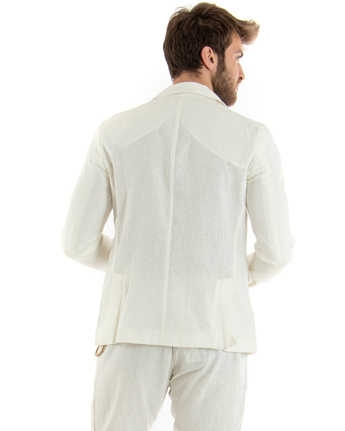 Single-breasted Linen Men's Jacket Plain White Cream Tailored Ceremony Elegant Casual GIOSAL-G3057A