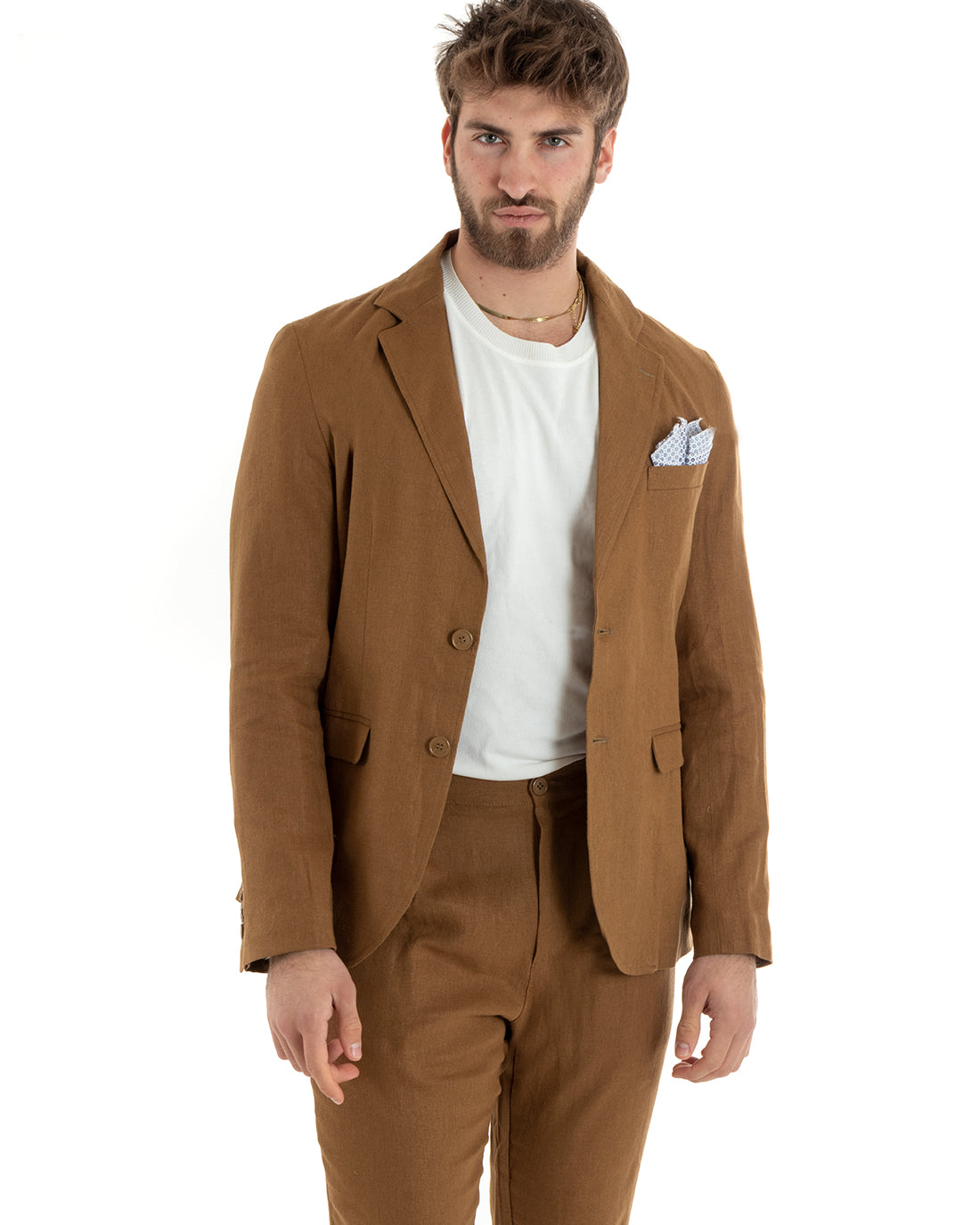 Men's Single-Breasted Linen Jacket Solid Color Camel Tailored Ceremony Elegant Casual GIOSAL-G3058A