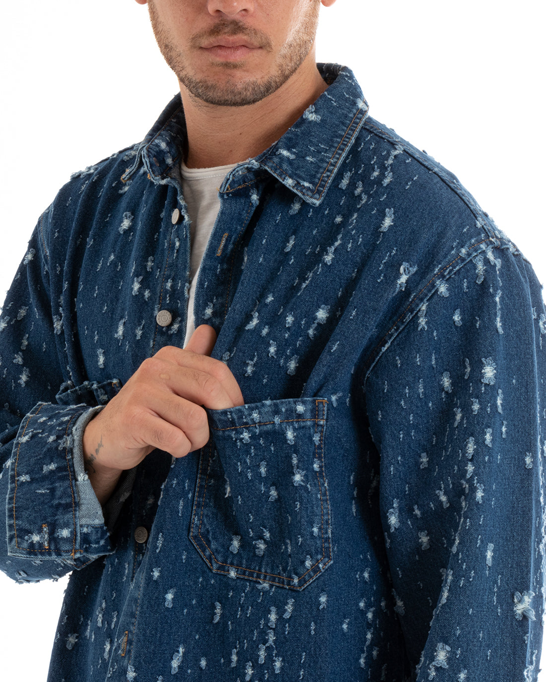 Men's Denim Jacket Long Sleeves with Oversize Micro-tears Denim GIOSAL-G3074A