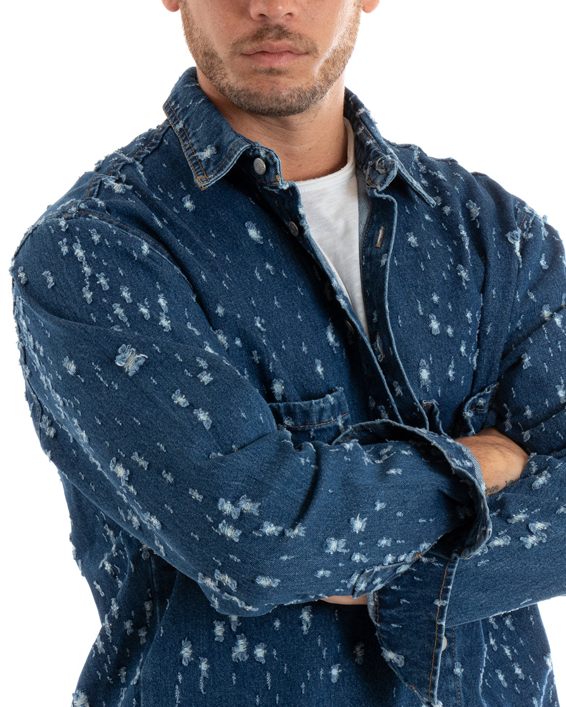Giubbotto Uomo Giacca Jeans Con Colletto Camicione Rotture Oversize Denim GIOSAL-G3074A