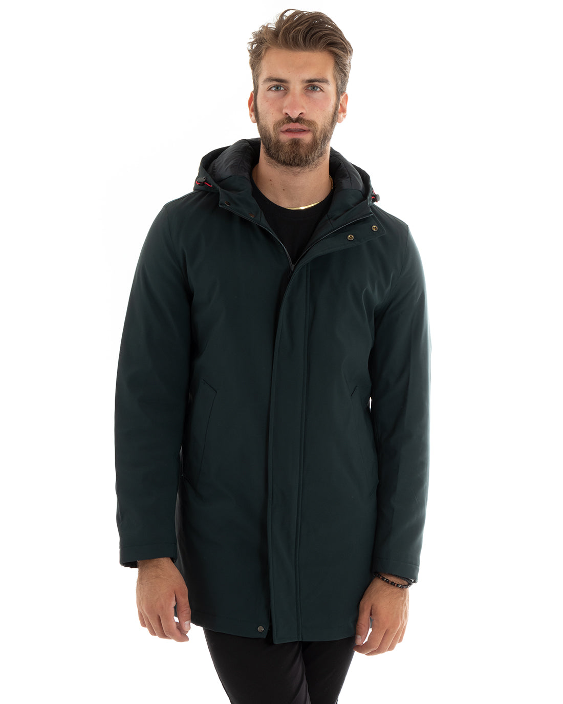 Men's Waterproof Trench Jacket Technical Fabric Long Padded Jacket With Hood Zipper Petrol GIOSAL-G3092A