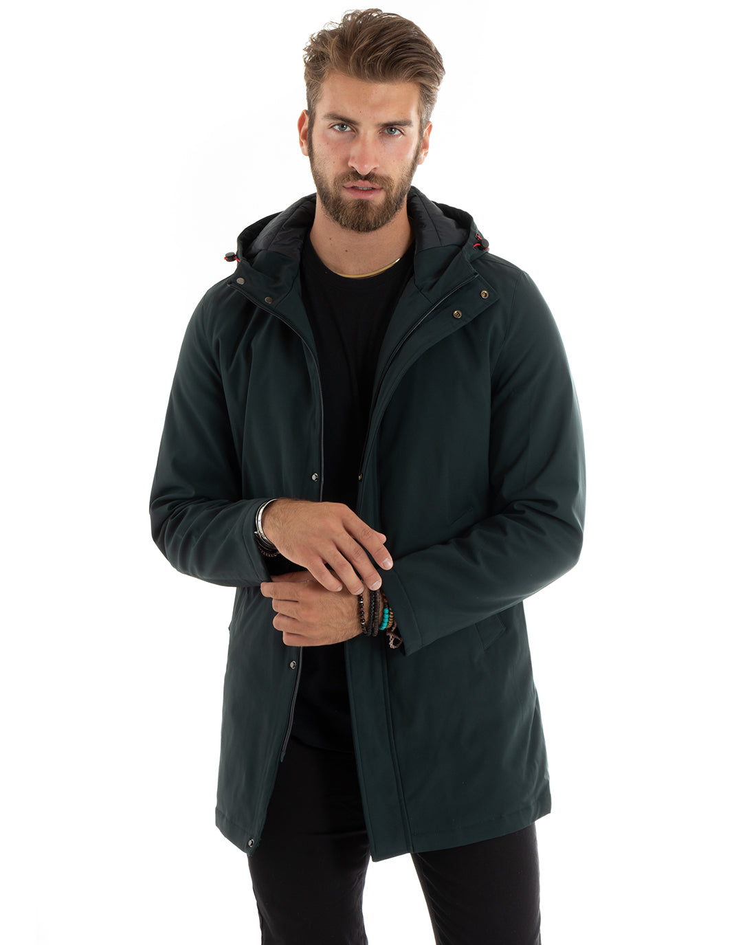 Men's Waterproof Trench Jacket Technical Fabric Long Padded Jacket With Hood Zipper Petrol GIOSAL-G3092A