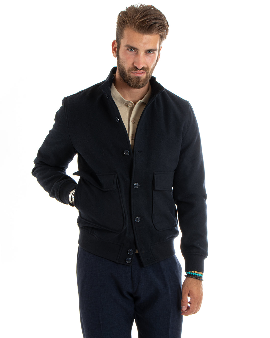 Men's Jacket Wool Bomber Cloth Jacket With Buttons Flap Pockets Casual Blue GIOSAL-G3093A