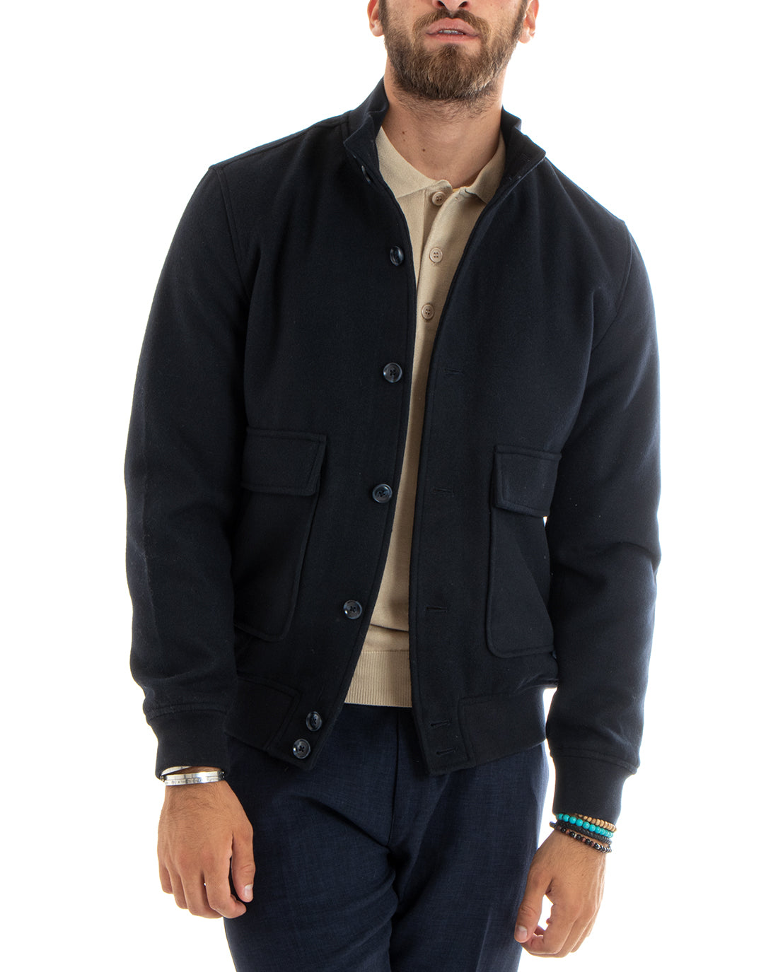 Men's Jacket Wool Bomber Cloth Jacket With Buttons Flap Pockets Casual Blue GIOSAL-G3093A