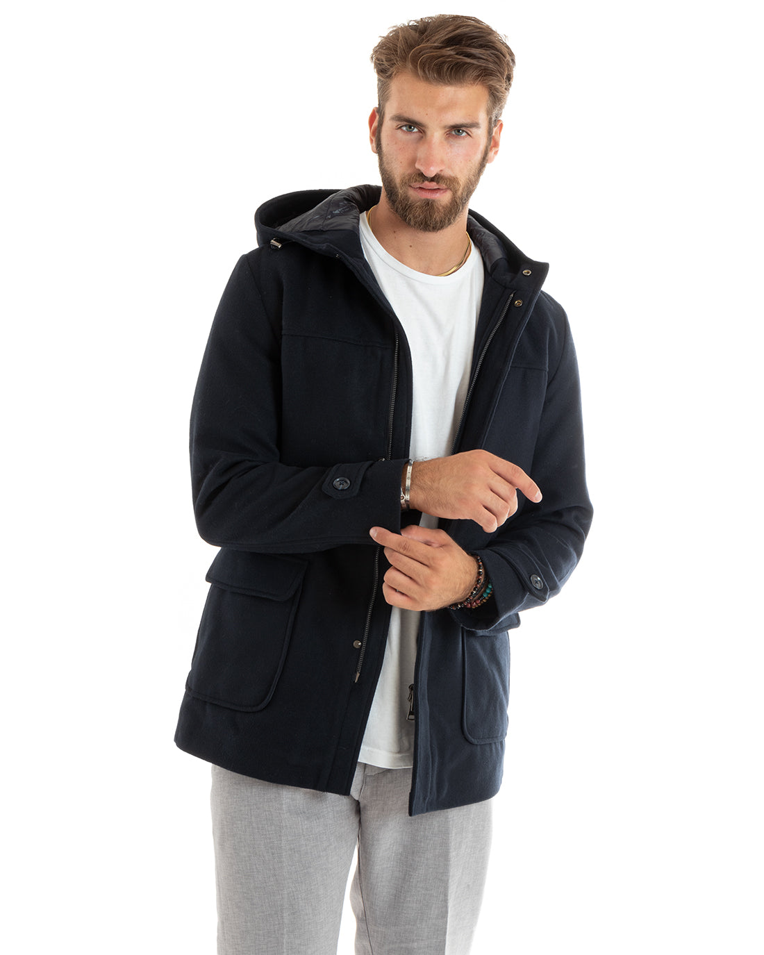 Men's Padded Wool Trench Jacket Long Cloth Jacket With Hood Flap Pockets Blue GIOSAL-G3094A