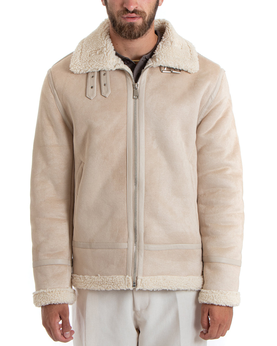 Giubbotto Uomo Giacca Montone Beige Aviatore Con Pelliccia Casual Doub