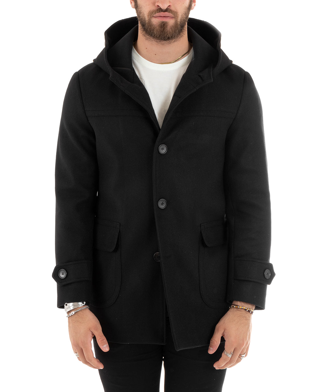Cappotto Monopetto Uomo Giacca Giaccone Con Cappuccio Nero Baronetto Elegante GIOSAL-G3107A