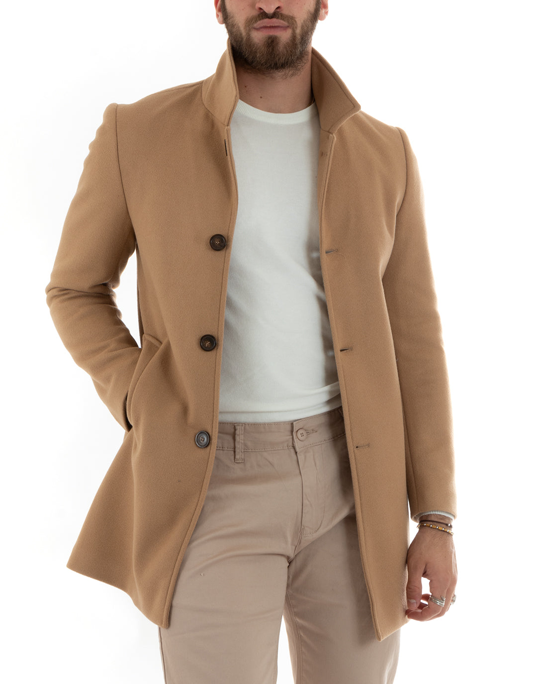 Cappotto Monopetto Uomo Giacca Collo Coreano Giaccone Lungo Camel Baronetto Elegante GIOSAL-G3108A