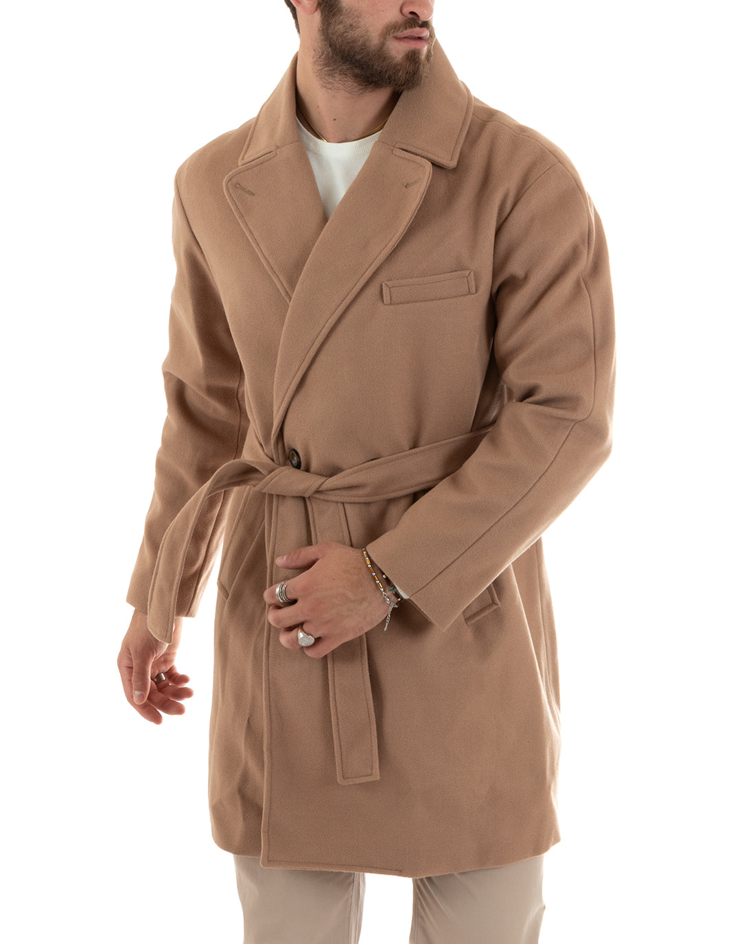 Cappotto Doppiopetto Uomo Giacca Con Cintura Giaccone Lungo Elegante Camel GIOSAL-G3112A