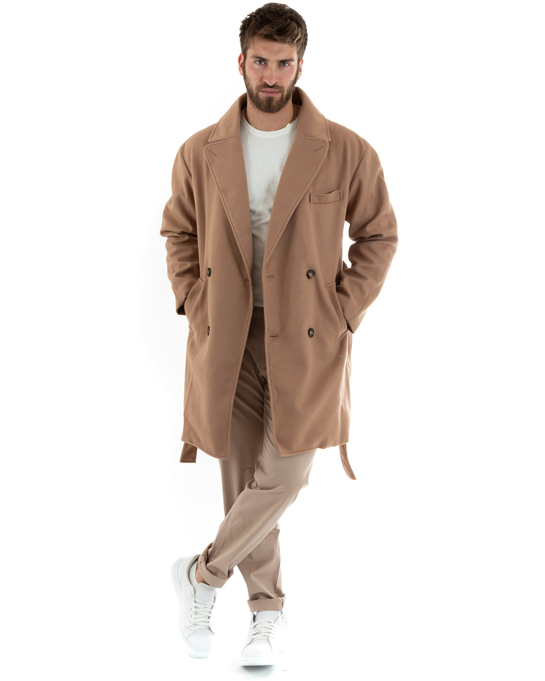 Cappotto Doppiopetto Uomo Giacca Con Cintura Giaccone Lungo Elegante Camel GIOSAL-G3112A