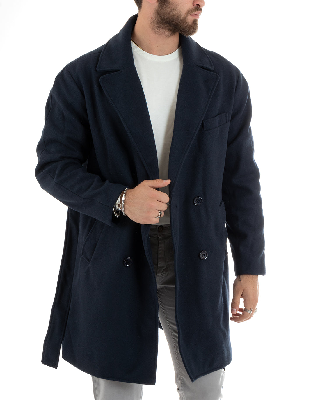 Cappotto Doppiopetto Uomo Giacca Con Cintura Giaccone Lungo Elegante Blu GIOSAL-G3113A