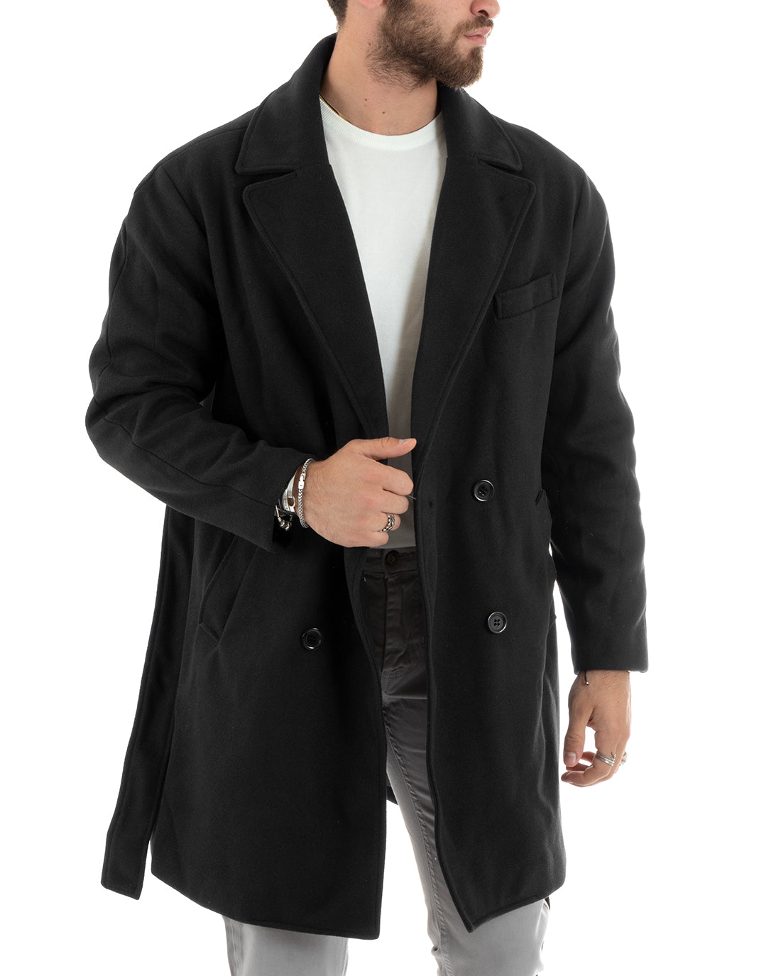 Cappotto Doppiopetto Uomo Giacca Con Cintura Giaccone Lungo Elegante Nero GIOSAL-G3114A