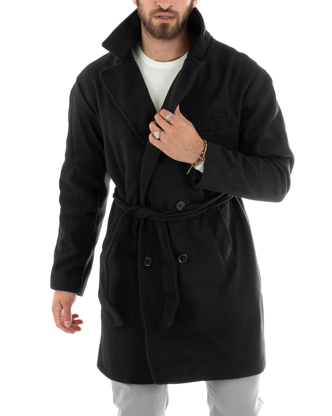 Cappotto Doppiopetto Uomo Giacca Con Cintura Giaccone Lungo Elegante Nero GIOSAL-G3114A