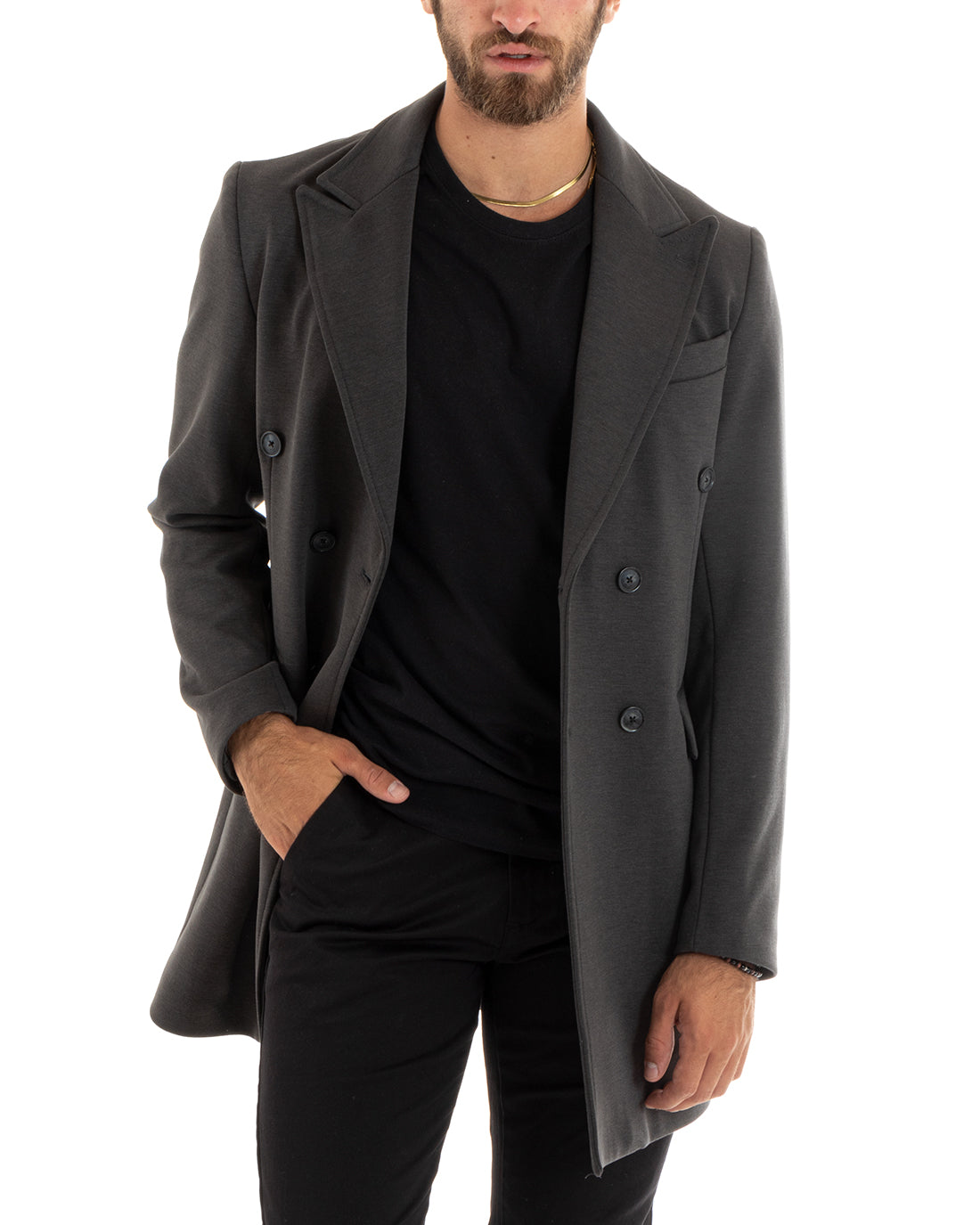 Cappotto Doppiopetto Uomo Giacca Colletto Reverse Giaccone Tinta Unita Grigio Baronetto Elegante GIOSAL-G3115A