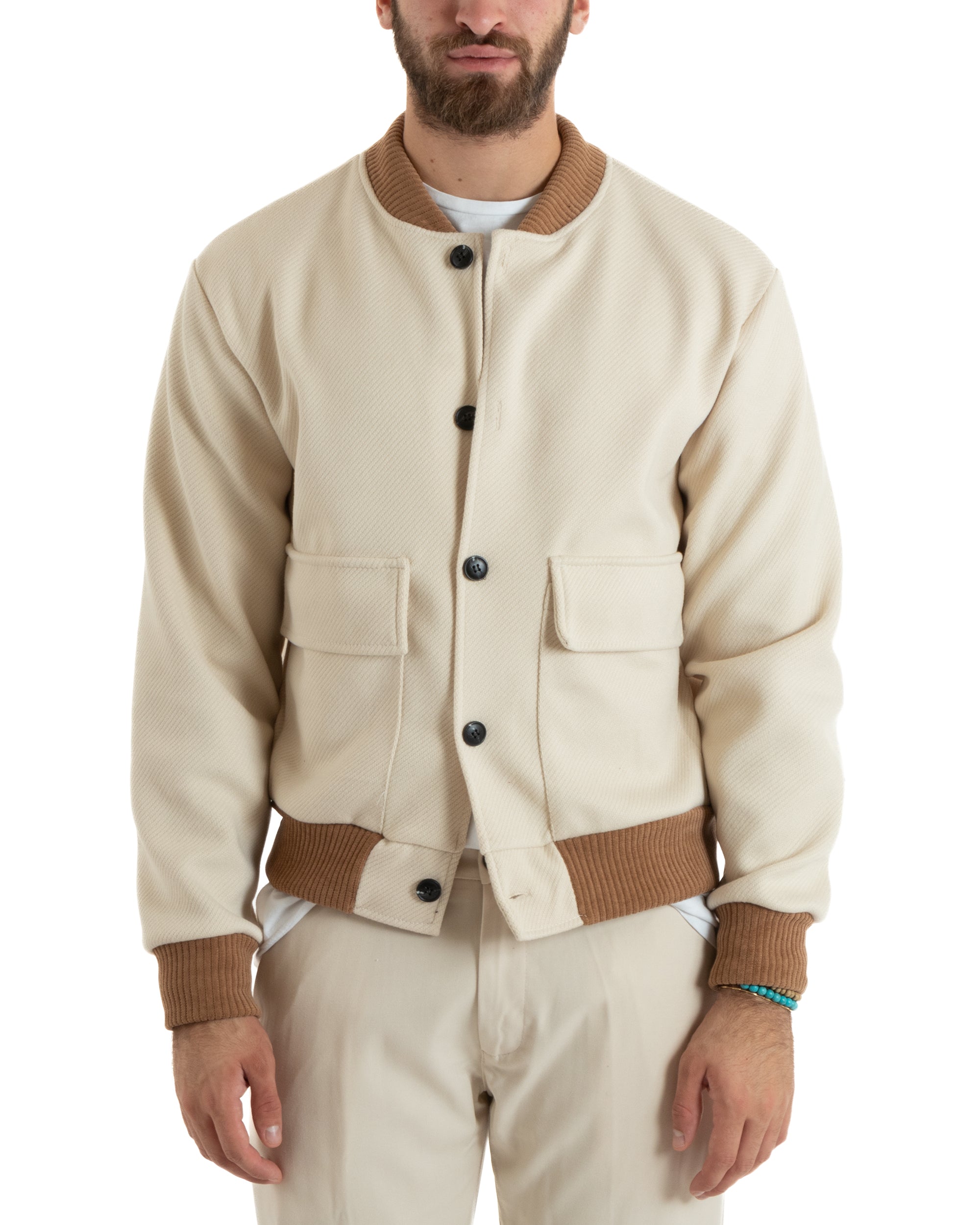 Giubbotto Uomo Giacca College Con Bottoni Tasche Con Patta Panna Casual GIOSAL-G3120A
