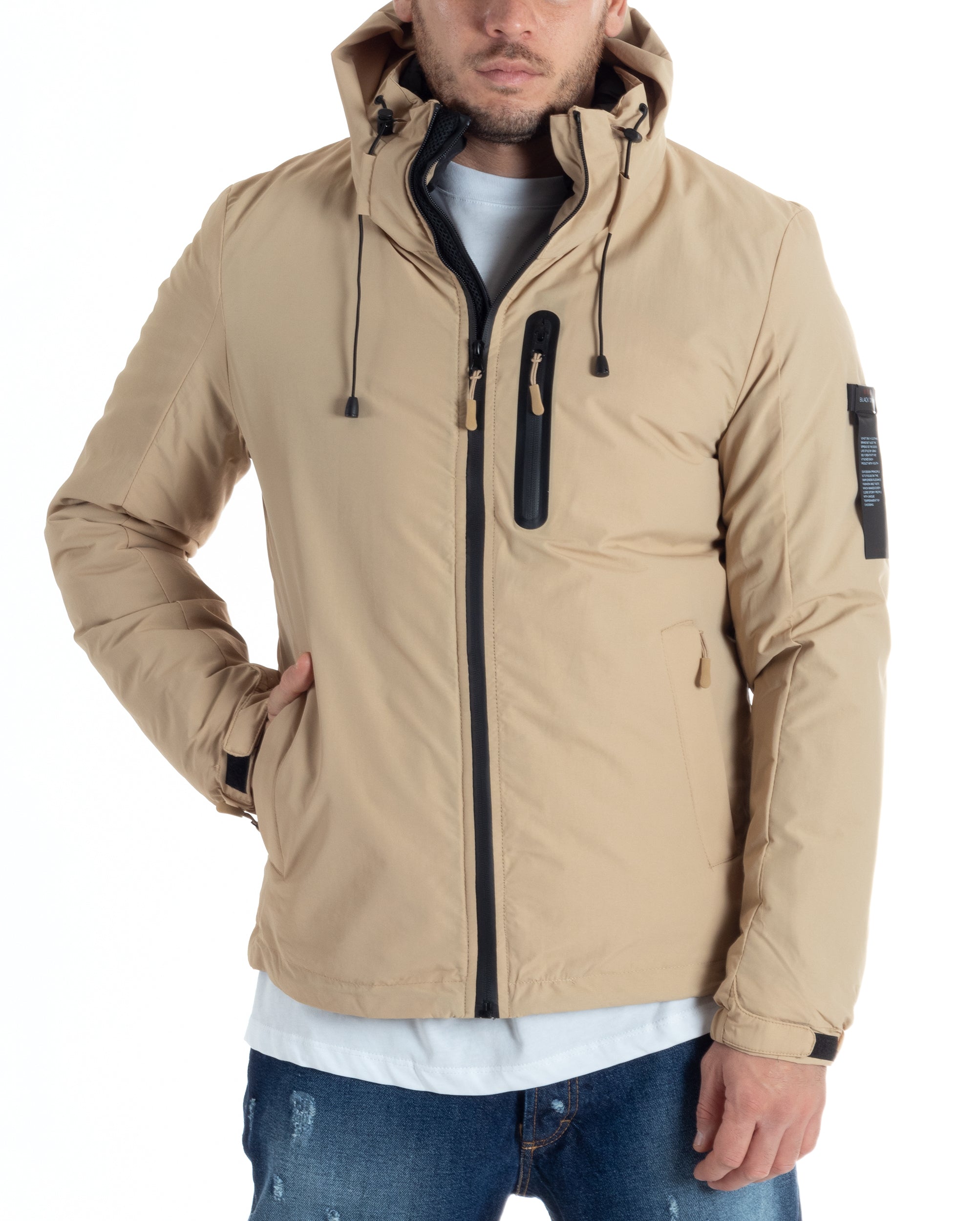 Men's Waterproof Trench Jacket Technical Fabric Long Padded Jacket With Hood Zipper Black GIOSAL-G3091A