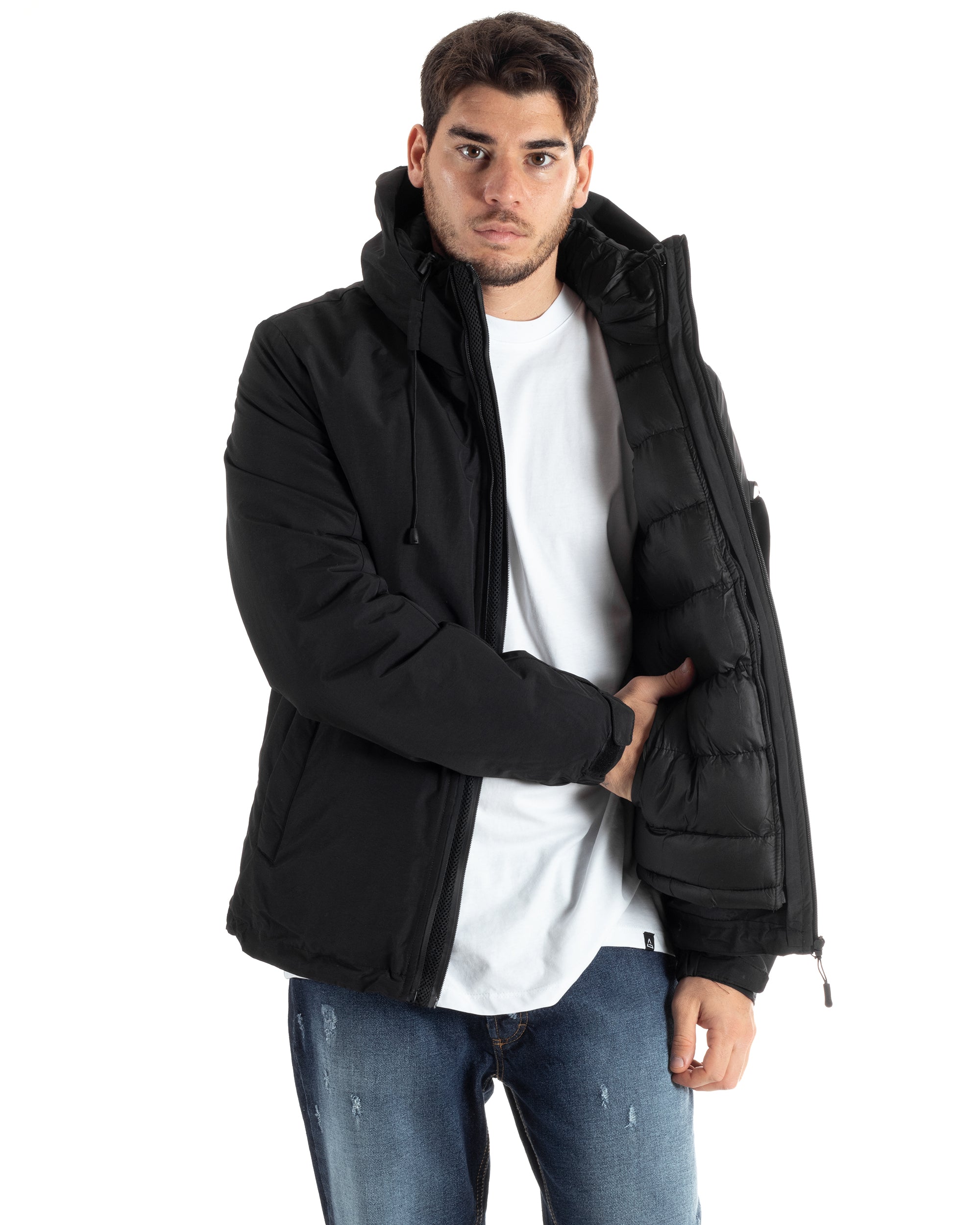 Giubbotto Uomo Parka Lungo Ecopelle Nero Pelliccia GIOSAL-G2995A