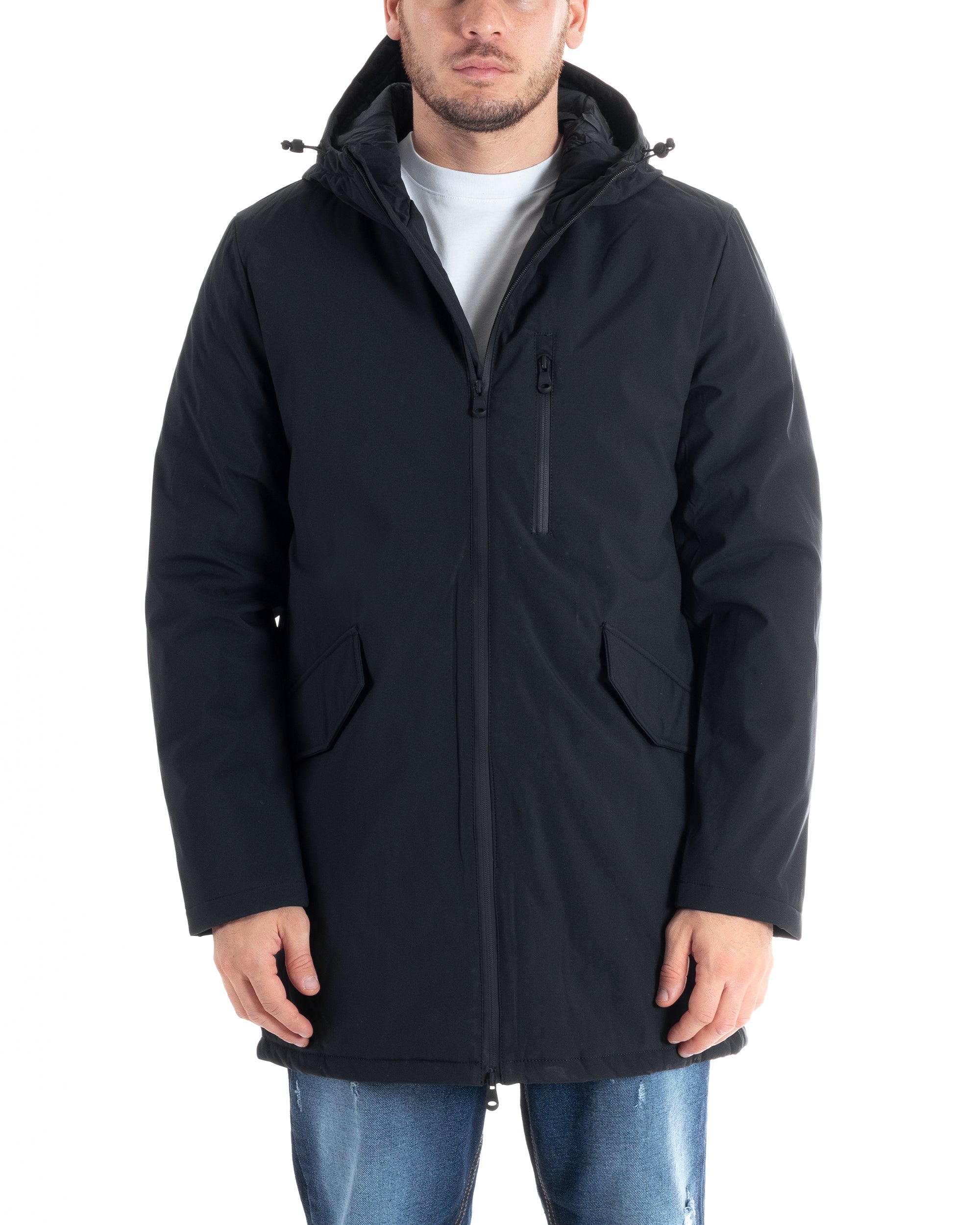 Men's Waterproof Trench Jacket Technical Fabric Long Padded Jacket With Hood Zipper Black GIOSAL-G3091A