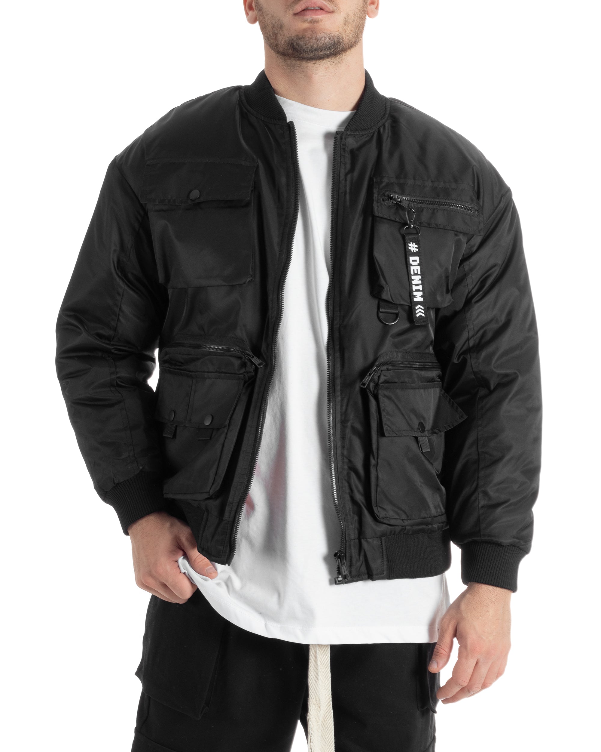 Men's College Jacket Two-Tone Varsity Jacket Black White GIOSAL-G3030A