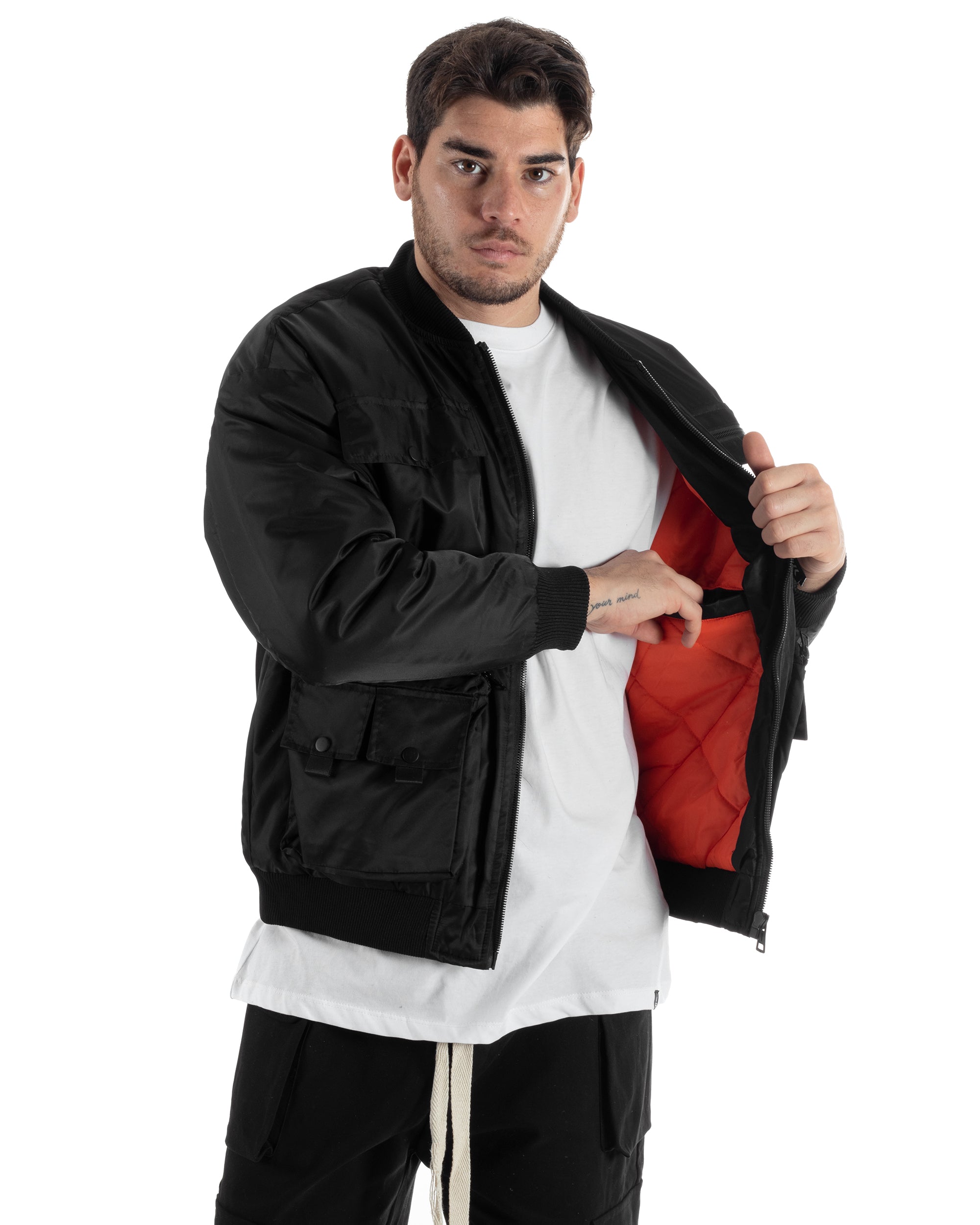 Men's College Jacket Two-Tone Varsity Jacket Black White GIOSAL-G3030A